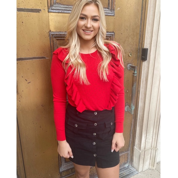 Ruffle Pointelle Knit Sweater Red - Picture 6 of 10